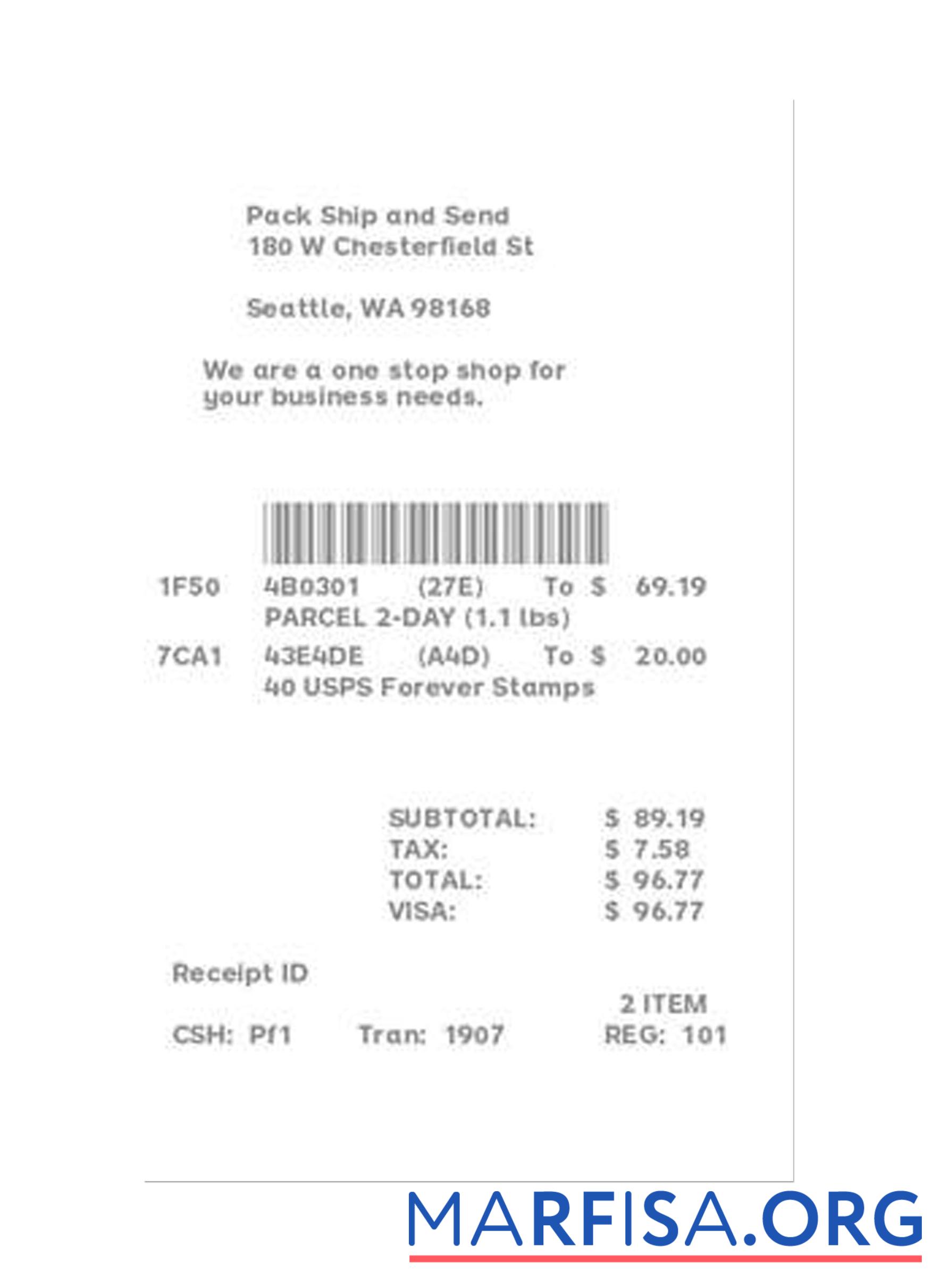 Printable SHIPPING STORE receipt example